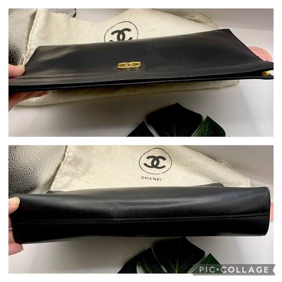 Chanel Black Leather Clutch CC 24kt Gold Plated Logo Vintage Evening Night Out - Picture 12 of 13